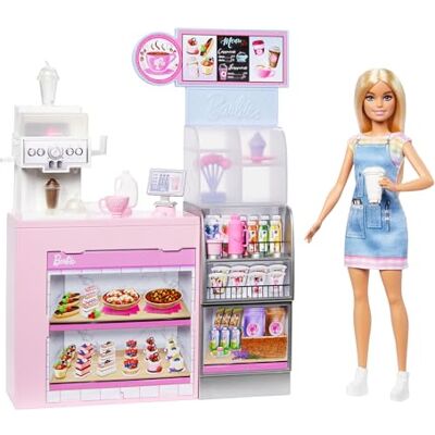 Barbie Coffee Shop Puppe, Spielset und Zubehör Blonde Barista-Modepuppe mit über 12 Zubehörteilen, Kaffee-Smoothie-Maschine und mehr, ab 3 Jahren, HXN94 Barbie Coffee Shop Puppe, Spielset und Zubehör Blonde Barista-Modepuppe mit über 12 Zubehörteilen, Kaffee-Smoothie-Maschine und mehr, ab 3 Jahren, HXN94
