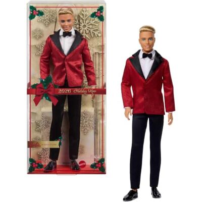 Barbie Signature 2026 Holiday Blonder Ken Modepuppe zum Sammeln in komplettem Anzug mit roter Jacke in einer Verpackung zum Ausstellen und mit Puppenständer, JJX87 Barbie Signature 2026 Holiday Blonder Ken Modepuppe zum Sammeln in komplettem Anzug mit roter Jacke in einer Verpackung zum Ausstellen und mit Puppenständer, JJX87