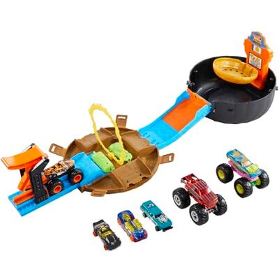 Hot Wheels Monster Trucks Stunt-Reifen Spielset Bundle Reifenförmiges Etui wird zur Rennstrecke, inkl. 3 Monster Trucks und 4 Autos im Maßstab 1:64, HHY74 Hot Wheels Monster Trucks Stunt-Reifen Spielset Bundle Reifenförmiges Etui wird zur Rennstrecke, inkl. 3 Monster Trucks und 4 Autos im Maßstab 1:64, HHY74