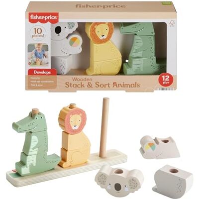 Fisher Price Holzspielzeug,Tiere zum Stapeln und Sortieren Holzbasis und 9 Stapelblöcke, für Feinmotorik Problemlösung, Kleinkinder ab 1 Jahr, HXV04 Fisher Price Holzspielzeug,Tiere zum Stapeln und Sortieren Holzbasis und 9 Stapelblöcke, für Feinmotorik Problemlösung, Kleinkinder ab 1 Jahr, HXV04
