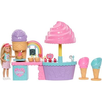 Barbie Chelsea Eisstand-Spielset mit Chelsea-Puppe, „Eismasse“ in 2 Farben und Zubehör, JMJ42 Barbie Chelsea Eisstand-Spielset mit Chelsea-Puppe, „Eismasse“ in 2 Farben und Zubehör, JMJ42