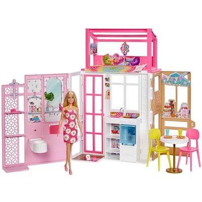 Barbie -Puppenhaus (70,6 x 51,4 cm) mit 4 Spielbereichen, komplett eingerichtet Accessoires & Möbeln, 360° drehbar, klappbar, Puppe, Geschenk für Kinder ab 3 Jahren, HHY40 Barbie -Puppenhaus (70,6 x 51,4 cm) mit 4 Spielbereichen, komplett eingerichtet Accessoires & Möbeln, 360° drehbar, klappbar, Puppe, Geschenk für Kinder ab 3 Jahren, HHY40