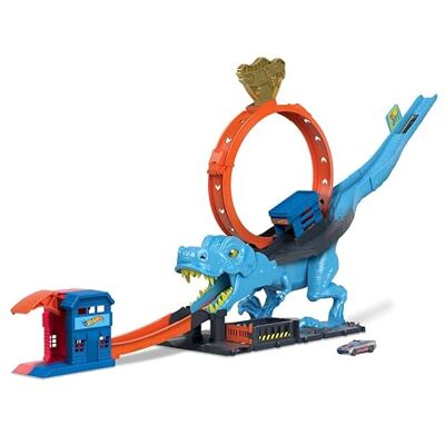 Hot Wheels City T-Rex Biss-Action Trackset und 1 Spielzeugauto Rase durch eine Riesenschleife, besiege einen Dino, dessen Augen bei K.O. zu X werden, Stunt und Race Spielset HNP77 Hot Wheels City T-Rex Biss-Action Trackset und 1 Spielzeugauto Rase durch eine Riesenschleife, besiege einen Dino, dessen Augen bei K.O. zu X werden, Stunt und Race Spielset HNP77