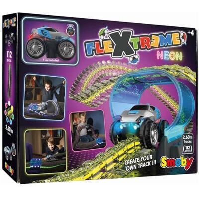 Smoby Toys FleXtreme Neon Kinder-Rennbahn flexible Autorennbahn ab 4 Jahren mit spektakulären Licht-Effekten Spielzeug-Set inkl. Auto, 112 Schienen-Teile (für 2,60 Meter) & Tunnel Smoby Toys FleXtreme Neon Kinder-Rennbahn flexible Autorennbahn ab 4 Jahren mit spektakulären Licht-Effekten Spielzeug-Set inkl. Auto, 112 Schienen-Teile (für 2,60 Meter) & Tunnel