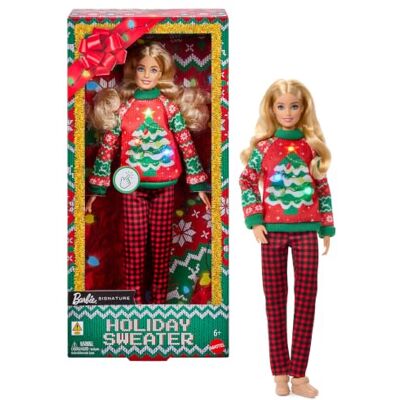 Barbie Holiday Pullover-Puppe Sammelbare Ugly Sweater Puppe mit langen blonden Haaren, Karohose und leuchtendem Weihnachtspullover, JML09 Barbie Holiday Pullover-Puppe Sammelbare Ugly Sweater Puppe mit langen blonden Haaren, Karohose und leuchtendem Weihnachtspullover, JML09