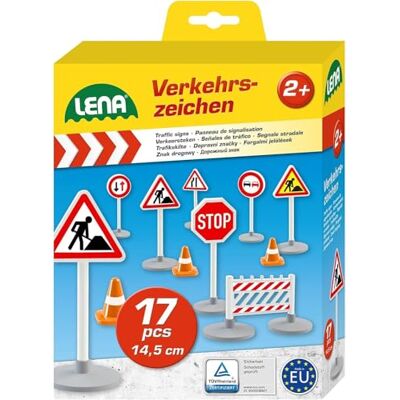 LENA 04440 Verkehrszeichen Set mit 17 Teilen 9 Verkehrsschilder ca. 14,5 cm, 5 Pylonen und 3 Bauzäunen, optimal für Spielfahrzeuge Truxx, Truckies, Actives, Aktive LENA 04440 Verkehrszeichen Set mit 17 Teilen 9 Verkehrsschilder ca. 14,5 cm, 5 Pylonen und 3 Bauzäunen, optimal für Spielfahrzeuge Truxx, Truckies, Actives, Aktive