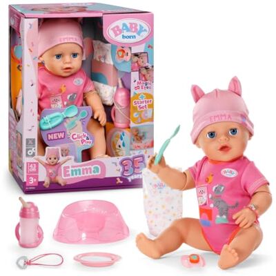 BABY Born Emma 43 cm Babypuppe mit Click & Play, 10 Funktionen 8 Accessoires inklusive, funktioniert ohne Batterien, bewegliche Arme, ab 3 Jahren BABY Born Emma 43 cm Babypuppe mit Click & Play, 10 Funktionen 8 Accessoires inklusive, funktioniert ohne Batterien, bewegliche Arme, ab 3 Jahren