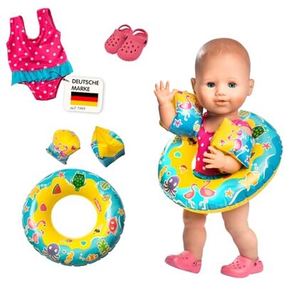 Heless 88 Schwimm-Set für Puppen, Badeanzug, Clogs, Schwimmring und -flügel mit lustigen Bade- und Wassermotiven, Puppengröße ca. 35 45 cm, für Badespaß an heißen Sommertagen Heless 88 Schwimm-Set für Puppen, Badeanzug, Clogs, Schwimmring und -flügel mit lustigen Bade- und Wassermotiven, Puppengröße ca. 35 45 cm, für Badespaß an heißen Sommertagen
