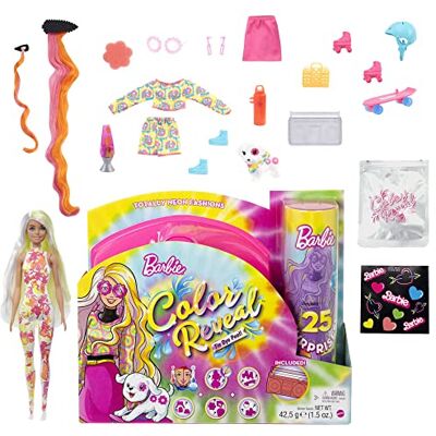Barbie HCD26 Color Reveal Totally Neon Fashions Puppe mit gelb gesträhnten brünetten Haaren und 25 Überraschungen, inklusive Farbwechsel, Spielzezug für Kinder ab 3 Jahren Barbie HCD26 Color Reveal Totally Neon Fashions Puppe mit gelb gesträhnten brünetten Haaren und 25 Überraschungen, inklusive Farbwechsel, Spielzezug für Kinder ab 3 Jahren