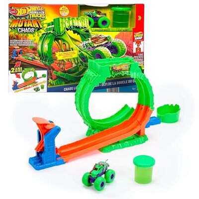 Hot Wheels Monster Trucks Mutant Chaos, Chaos Loop Challenge Spielset Track-Set mit Wreckin’ Wolf Truck im Maßstab 1:64 und 115 g Slime™, 2 Spielmodi, JMK91 Hot Wheels Monster Trucks Mutant Chaos, Chaos Loop Challenge Spielset Track-Set mit Wreckin’ Wolf Truck im Maßstab 1:64 und 115 g Slime™, 2 Spielmodi, JMK91