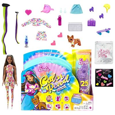 Barbie Color Reveal Totally Neon Fashions Puppe mit blau gesträhnten brünetten Haaren und 25 Überraschungen, inklusive Farbwechsel, Geschenk für Kinder, HCD28 Barbie Color Reveal Totally Neon Fashions Puppe mit blau gesträhnten brünetten Haaren und 25 Überraschungen, inklusive Farbwechsel, Geschenk für Kinder, HCD28