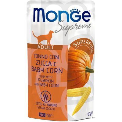 Monge Márka Supreme Felnőtt Macska Tonhal, Sütőtök és Bébi Kukorica - 80g Monge Márka Supreme Felnőtt Macska Tonhal, Sütőtök és Bébi Kukorica - 80g
