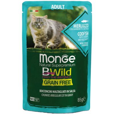 Monge BWild Gabonafélék Nélküli Felnőtt Macskaeledel - Tőkehal és Garnélarák Monge BWild Gabonafélék Nélküli Felnőtt Macskaeledel - Tőkehal és Garnélarák