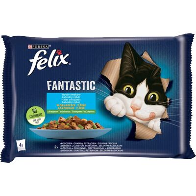 Felix Fantastic Nedves Macskaeledel Aszpikban (Lazac, Cukkini, Pisztráng, és Zöldbab) - 4x85 g Felix Fantastic Nedves Macskaeledel Aszpikban (Lazac, Cukkini, Pisztráng, és Zöldbab) - 4x85 g