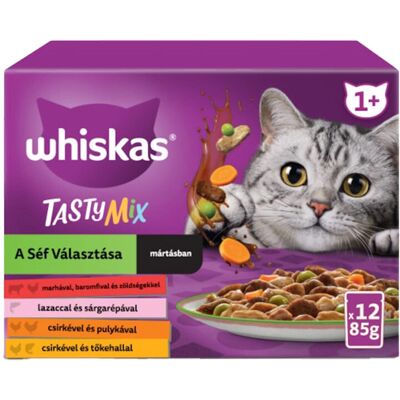 Whiskas Tasty Mix A Séf Választása Alutasakos Macskaeledel Szószban (Marha, Baromfi és Zöldségek, Lazac és Sárgarépa, Csirke és Pulyka, Csirke és Tőkehal) - 12x85 g Whiskas Tasty Mix A Séf Választása Alutasakos Macskaeledel Szószban (Marha, Baromfi és Zöldségek, Lazac és Sárgarépa, Csirke és Pulyka, Csirke és Tőkehal) - 12x85 g