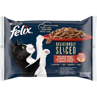 Felix Deliciously Sliced Házias Válogatás Gabonamentes Nedves Macskaeledel Aszpikban (Marha, Csirke, Kacsa, Pulyka) - 4x80 g Felix Deliciously Sliced Házias Válogatás Gabonamentes Nedves Macskaeledel Aszpikban (Marha, Csirke, Kacsa, Pulyka) - 4x80 g