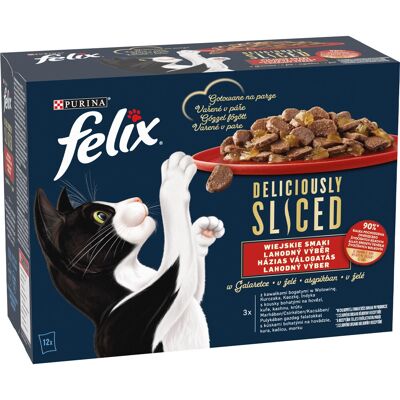 Felix Deliciously Sliced Házias Válogatás Gabonamentes Nedves Macskaeledel Aszpikban (Marha, Csirke, Kacsa, Pulyka) - 12x80 g Felix Deliciously Sliced Házias Válogatás Gabonamentes Nedves Macskaeledel Aszpikban (Marha, Csirke, Kacsa, Pulyka) - 12x80 g