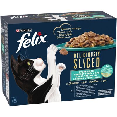 Felix Deliciously Sliced Halas Válogatás Gabonamentes Nedves Macskaeledel Aszpikban (Lazac, Tonhal, Tőkehal, Lepényhal) - 12x80 g Felix Deliciously Sliced Halas Válogatás Gabonamentes Nedves Macskaeledel Aszpikban (Lazac, Tonhal, Tőkehal, Lepényhal) - 12x80 g