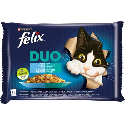 Felix Fantastic Duo Halas Válogatás Nedves Macskaeledel Aszpikban (Fekete tőkehal és Lazac, Hering és Pisztráng, Lazac és Szardínia, Pisztráng és Makréla) - 4x85 g Felix Fantastic Duo Halas Válogatás Nedves Macskaeledel Aszpikban (Fekete tőkehal és Lazac, Hering és Pisztráng, Lazac és Szardínia, Pisztráng és Makréla) - 4x85 g
