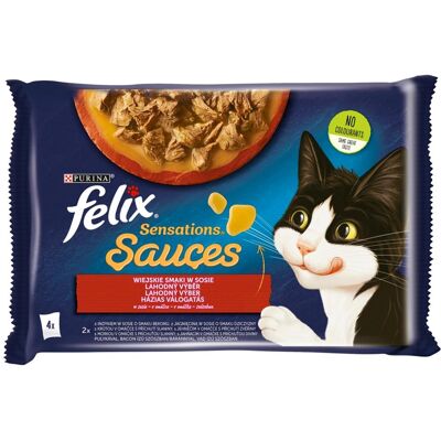 FELIX Sensations Sauce Countryside Flavours in sauce (pulyka szalonnával, bárányhús szarvassal) 4x85g nedves macskatáp FELIX Sensations Sauce Countryside Flavours in sauce (pulyka szalonnával, bárányhús szarvassal) 4x85g nedves macskatáp