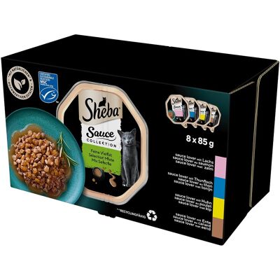 SHEBA Sauce Collection Selection of Flavours 8x85 g nedves teljes értékű eledel felnőtt macskáknak szaftos szeletekben lazaccal, tonhallal, csirkével, kacsával SHEBA Sauce Collection Selection of Flavours 8x85 g nedves teljes értékű eledel felnőtt macskáknak szaftos szeletekben lazaccal, tonhallal, csirkével, kacsával