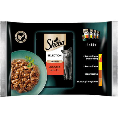 SHEBA Selection Juicy Flavours tasak 4x85 g nedves teljes értékű eledel felnőtt macskáknak csirke- és marhahússal, csirke-, bárány-, kacsa- és pulykadarabokkal, mártásban SHEBA Selection Juicy Flavours tasak 4x85 g nedves teljes értékű eledel felnőtt macskáknak csirke- és marhahússal, csirke-, bárány-, kacsa- és pulykadarabokkal, mártásban