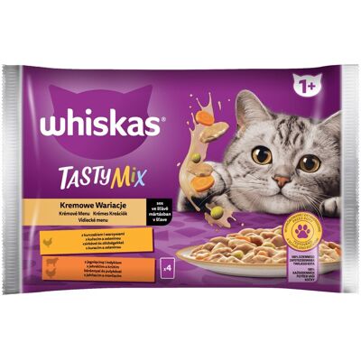 WHISKAS Adult tasak 4x85g Creamy Variations nedves eledel felnőtt macskáknak szószban: csirkével és zöldségekkel, bárányhússal és pulykával WHISKAS Adult tasak 4x85g Creamy Variations nedves eledel felnőtt macskáknak szószban: csirkével és zöldségekkel, bárányhússal és pulykával