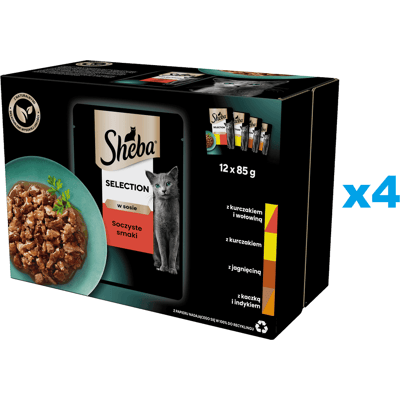 SHEBA Selection Juicy Flavours tasak 48x85 g nedves teljes értékű eledel felnőtt macskáknak csirke- és marhahússal, csirke-, bárány-, kacsa- és pulykadarabokkal, mártásban SHEBA Selection Juicy Flavours tasak 48x85 g nedves teljes értékű eledel felnőtt macskáknak csirke- és marhahússal, csirke-, bárány-, kacsa- és pulykadarabokkal, mártásban