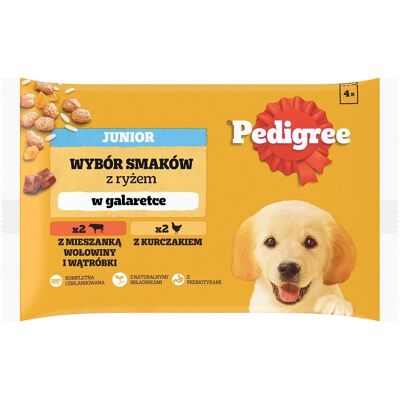 PEDIGREE Junior Choice of Flavors rizses tasak 4x100g teljes értékű nedves eledel kölyökkutyáknak, darabokban, marhahús és máj keverékével és rizzsel, csirkével és rizzsel, zselében PEDIGREE Junior Choice of Flavors rizses tasak 4x100g teljes értékű nedves eledel kölyökkutyáknak, darabokban, marhahús és máj keverékével és rizzsel, csirkével és rizzsel, zselében