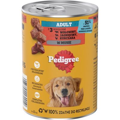 PEDIGREE Adult konzerv 400 g nedvese táplálék felnőtt kutyák számára 3 féle: marhahús, bárány és csirke, pürében PEDIGREE Adult konzerv 400 g nedvese táplálék felnőtt kutyák számára 3 féle: marhahús, bárány és csirke, pürében