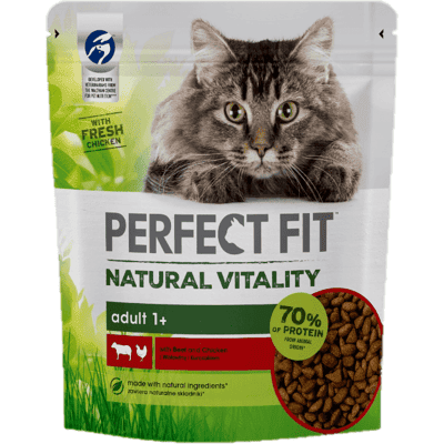 PERFECT FIT Natural Vitality 1+ teljes értékű szárazeledel felnőtt macskáknak marhahússal és csirkével 650 g PERFECT FIT Natural Vitality 1+ teljes értékű szárazeledel felnőtt macskáknak marhahússal és csirkével 650 g