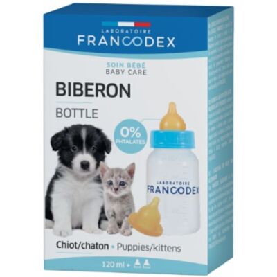 FRANCODEX Kiskutya és cica etető palack 120 ml + 2 szopóka FRANCODEX Kiskutya és cica etető palack 120 ml + 2 szopóka
