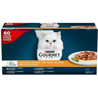 GOURMET Perle Mini fileciki w sosie 60x85g pulyka, kacsa, bárányhús és tonhal, nedves macskaeledel GOURMET Perle Mini fileciki w sosie 60x85g pulyka, kacsa, bárányhús és tonhal, nedves macskaeledel