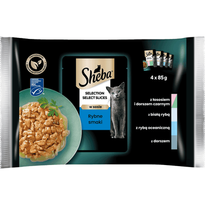 SHEBA Selection Select Slices Fish Flavours 4x85g teljes értékű nedves macskaeledel szószos darabokban lazaccal és fekete tőkehallal, fehér hal, óceáni hal, tőkehal SHEBA Selection Select Slices Fish Flavours 4x85g teljes értékű nedves macskaeledel szószos darabokban lazaccal és fekete tőkehallal, fehér hal, óceáni hal, tőkehal