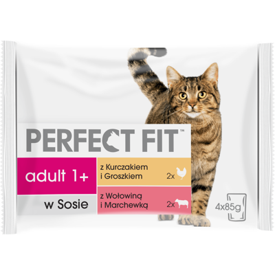 PERFECT FIT Cat Adult 1+ hús tasakok 4x85 g nedves macskaeledel csirke és borsó mártással, marhahússal és sárgarépával PERFECT FIT Cat Adult 1+ hús tasakok 4x85 g nedves macskaeledel csirke és borsó mártással, marhahússal és sárgarépával