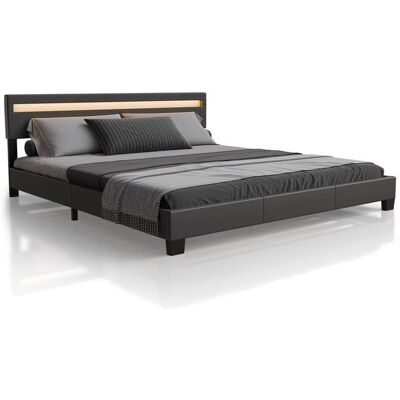 Juskys Modern szürke kárpitozott ágy 180x200 LED-del és léces vázza Juskys Modern szürke kárpitozott ágy 180x200 LED-del és léces vázza