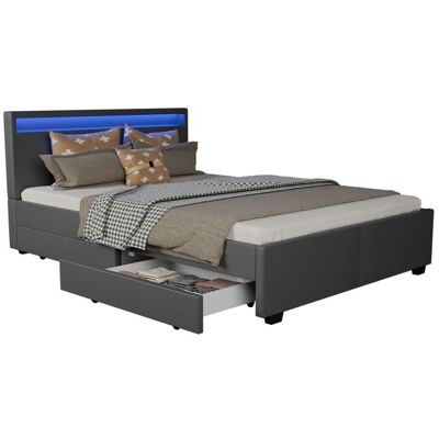 Juskys Modern ágy 140x200 cm LED lámpával és tárolóhellyel, szürke Juskys Modern ágy 140x200 cm LED lámpával és tárolóhellyel, szürke