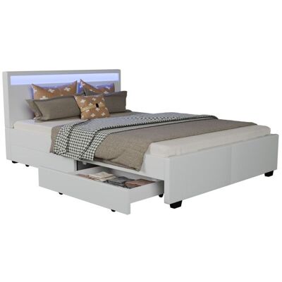 Juskys Modern ágy 140x200 cm LED lámpával és tárolóhellyel, fehér Juskys Modern ágy 140x200 cm LED lámpával és tárolóhellyel, fehér