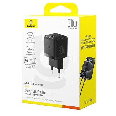 Baseus utazó töltő Palm sorozat Type-C PD 3.0 QC 3.0 30W (fekete) Baseus utazó töltő Palm sorozat Type-C PD 3.0 QC 3.0 30W (fekete)