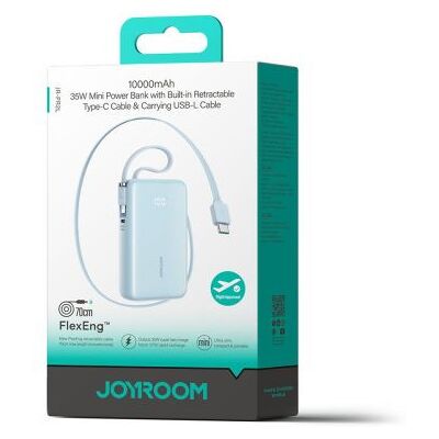 Joyroom powerbank 10000 mAh digitális kijelzővel, PD 35W, beépített Type-C és Lightning kábellel (kék) Joyroom powerbank 10000 mAh digitális kijelzővel, PD 35W, beépített Type-C és Lightning kábellel (kék)