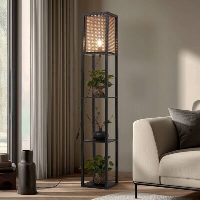 Lindby Birta álló világítás, fekete/természetes, polc, rattan, Fekete, Nappali / Étkező, Fa, Modern Lindby Birta álló világítás, fekete/természetes, polc, rattan, Fekete, Nappali / Étkező, Fa, Modern