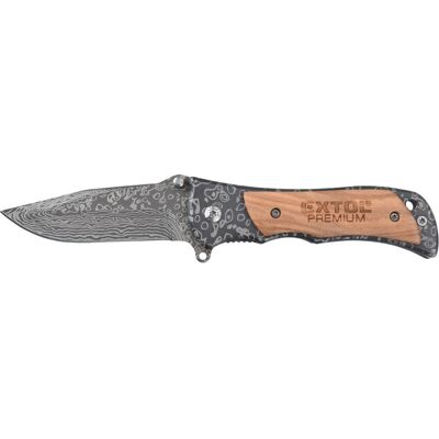 EXTOL PREMIUM zsebkés (bicska), rozsdamentes acél penge damaszk mintával, fa betétes nyél, teljes/összecsukott hossz.:160/90 mm EXTOL PREMIUM zsebkés (bicska), rozsdamentes acél penge damaszk mintával, fa betétes nyél, teljes/összecsukott hossz.:160/90 mm