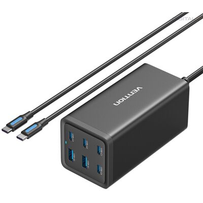 Vention 6-port 4*USB-C+2*USB-A (asztali,140W,fekete,GAN), töltő Vention 6-port 4*USB-C+2*USB-A (asztali,140W,fekete,GAN), töltő