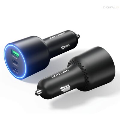Vention USB-A+C*2 (3port,100/30/18W, fekete,szivargyújtós), töltő Vention USB-A+C*2 (3port,100/30/18W, fekete,szivargyújtós), töltő