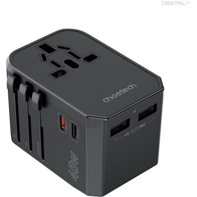 Choetech USB-C*2+A*2 (45W, fekete, travel, US,UK,EU,AU), töltő Choetech USB-C*2+A*2 (45W, fekete, travel, US,UK,EU,AU), töltő