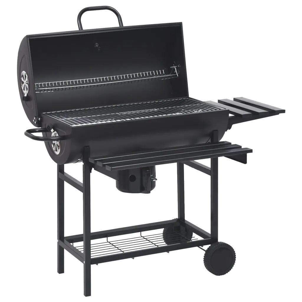 vidaXL Barrel Grill with Wheels and Shelves Black Steel 115x85x95 cm