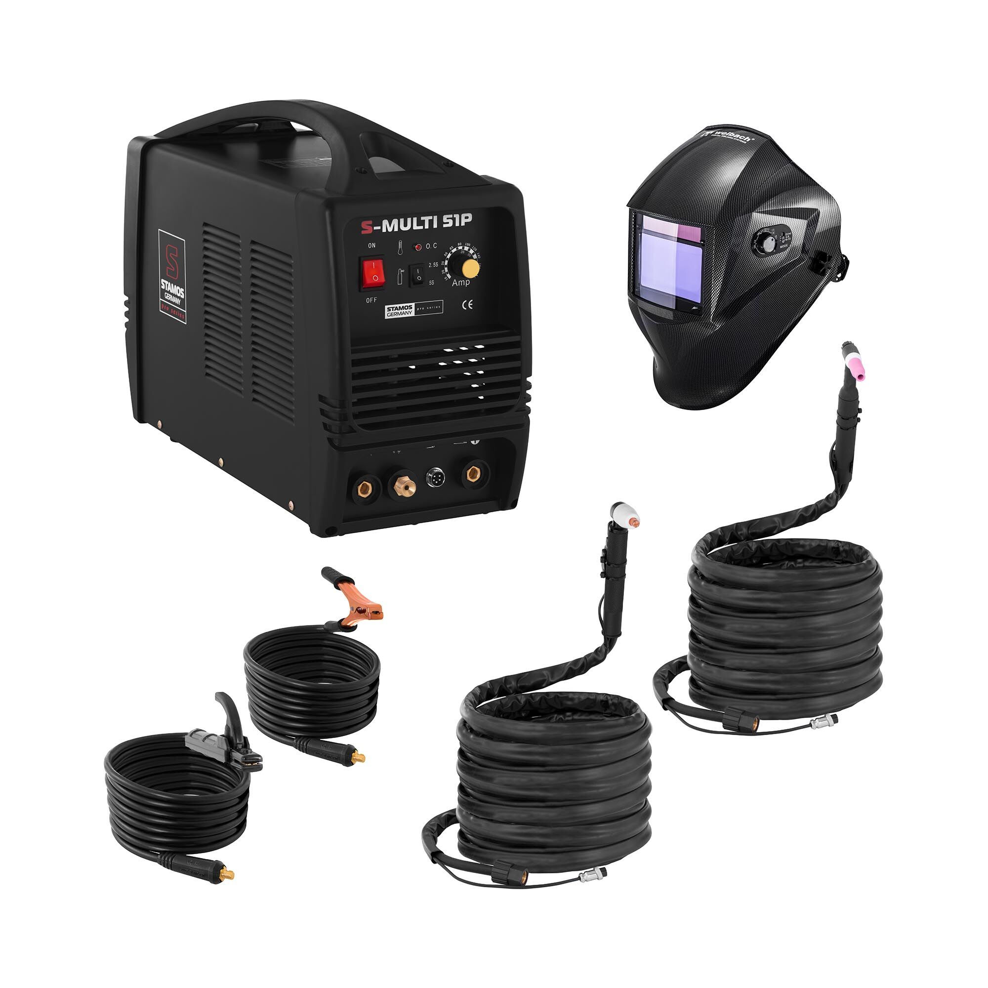 Stamos Pro Series Welding Set Combined Welder - TIG 180 A - Cut 50 A - MMA - PRO + Welding helmet – Carbonic - PROFESSIONAL SERIES