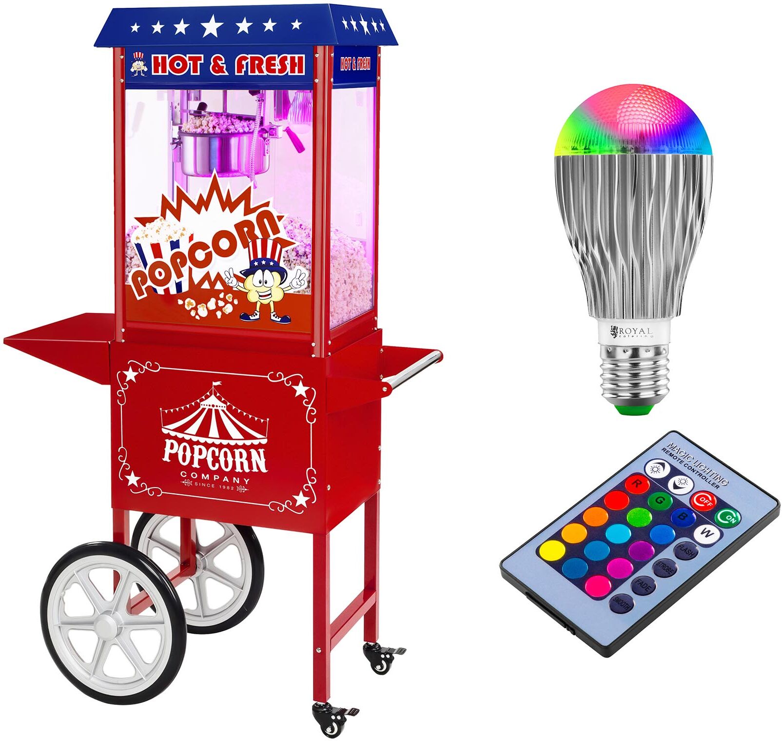 Royal Catering Popcorn machine with cart and LED RGB-Lighting - USA Design - red