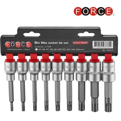 Force 9pc 1/2" DR. Ribe socket bit set (100mmL) 40915 Force 9pc 1/2" DR. Ribe socket bit set (100mmL) 40915