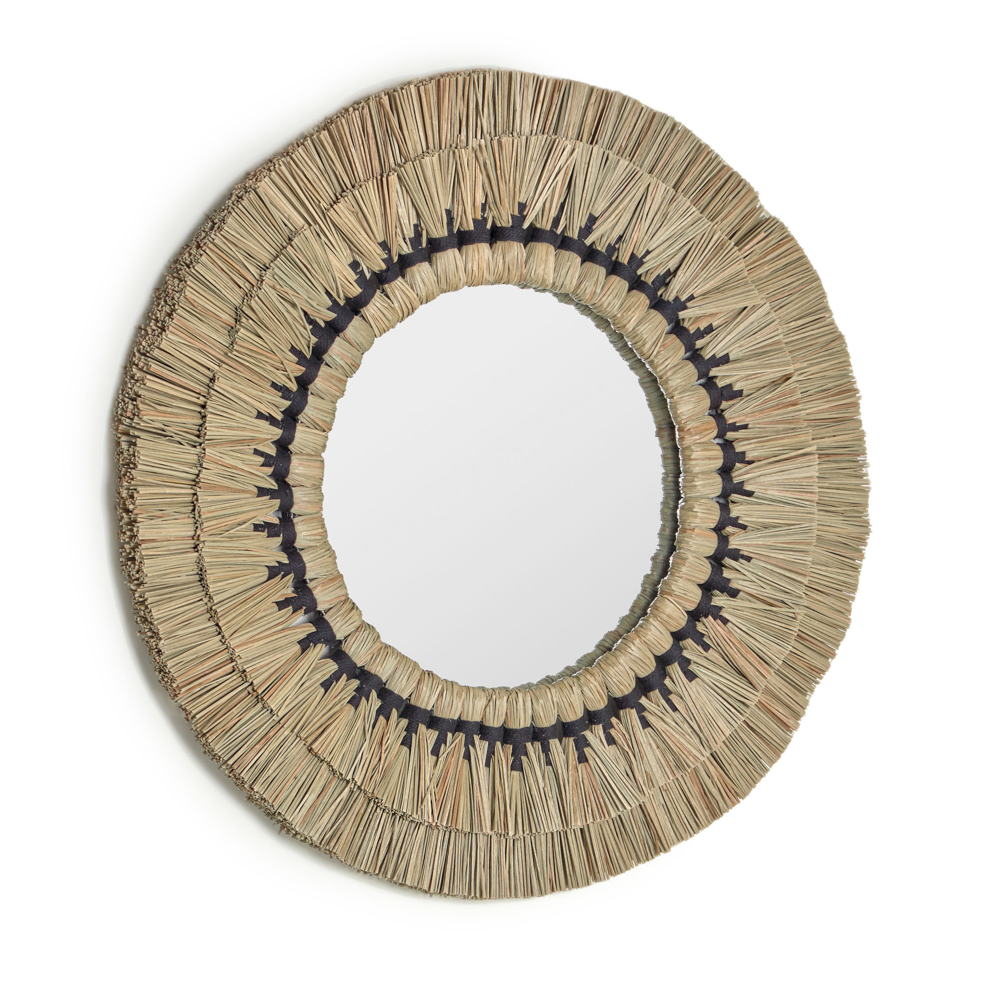 Kave Home Akila round mirror made from beige natural fibres and black cotton cord, 60 cm